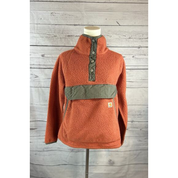 Carhartt Tops - Carhartt Womens Relaxed Fit Fleece Pullover M Orange Snap Front Sherpa
